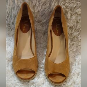 Cole Haan Tan Peep Toe Suede Cork Heel-Wedges - Size 10.5B